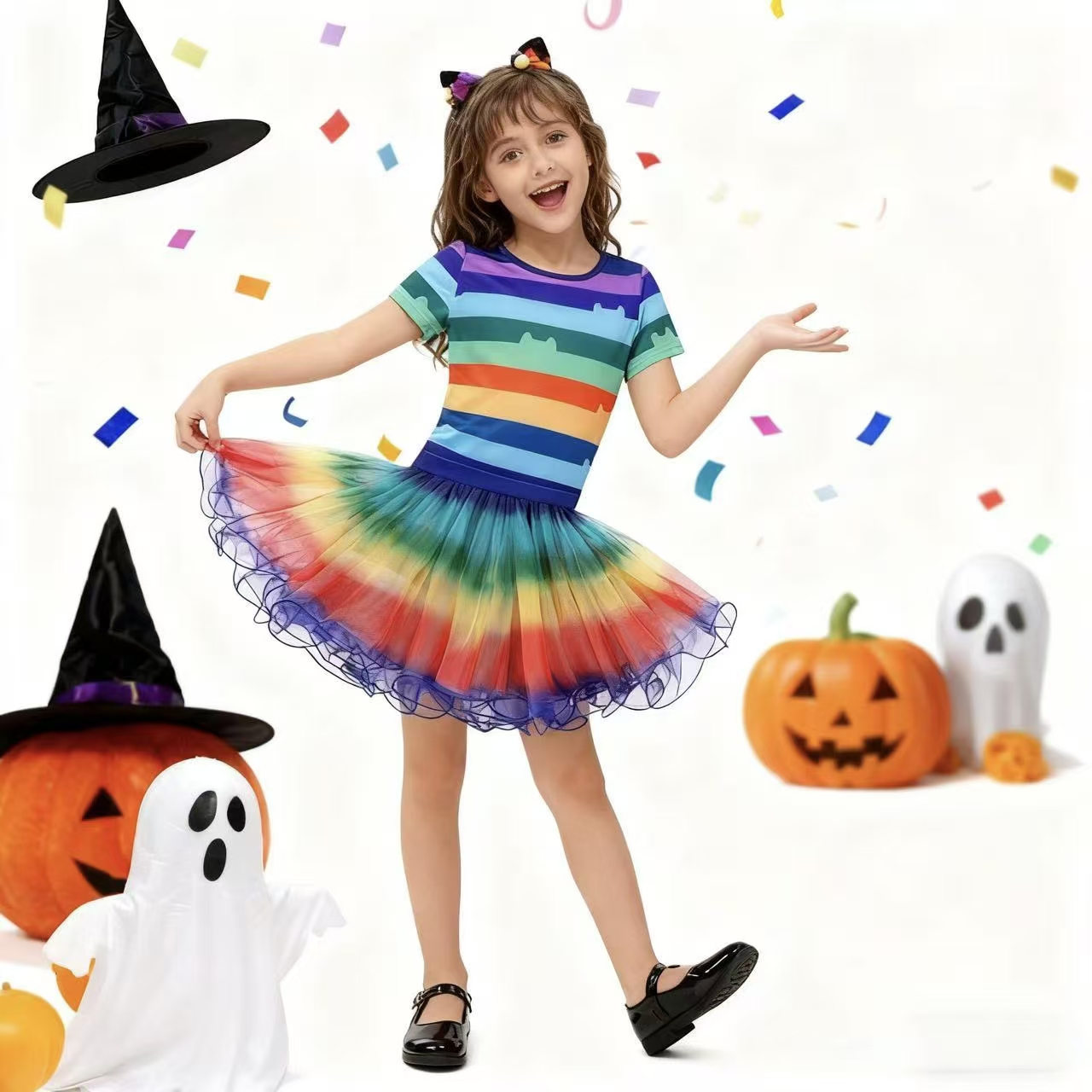 Summer Kids Clothing - Dziewczęcy zestaw: T-shirt w tęczowe paski,